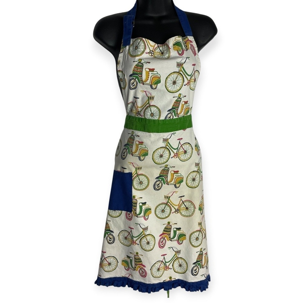 Vintage Womens Retro Bicycle Print Apron Ruffle Hem Scooter Kitsch Euro Summer